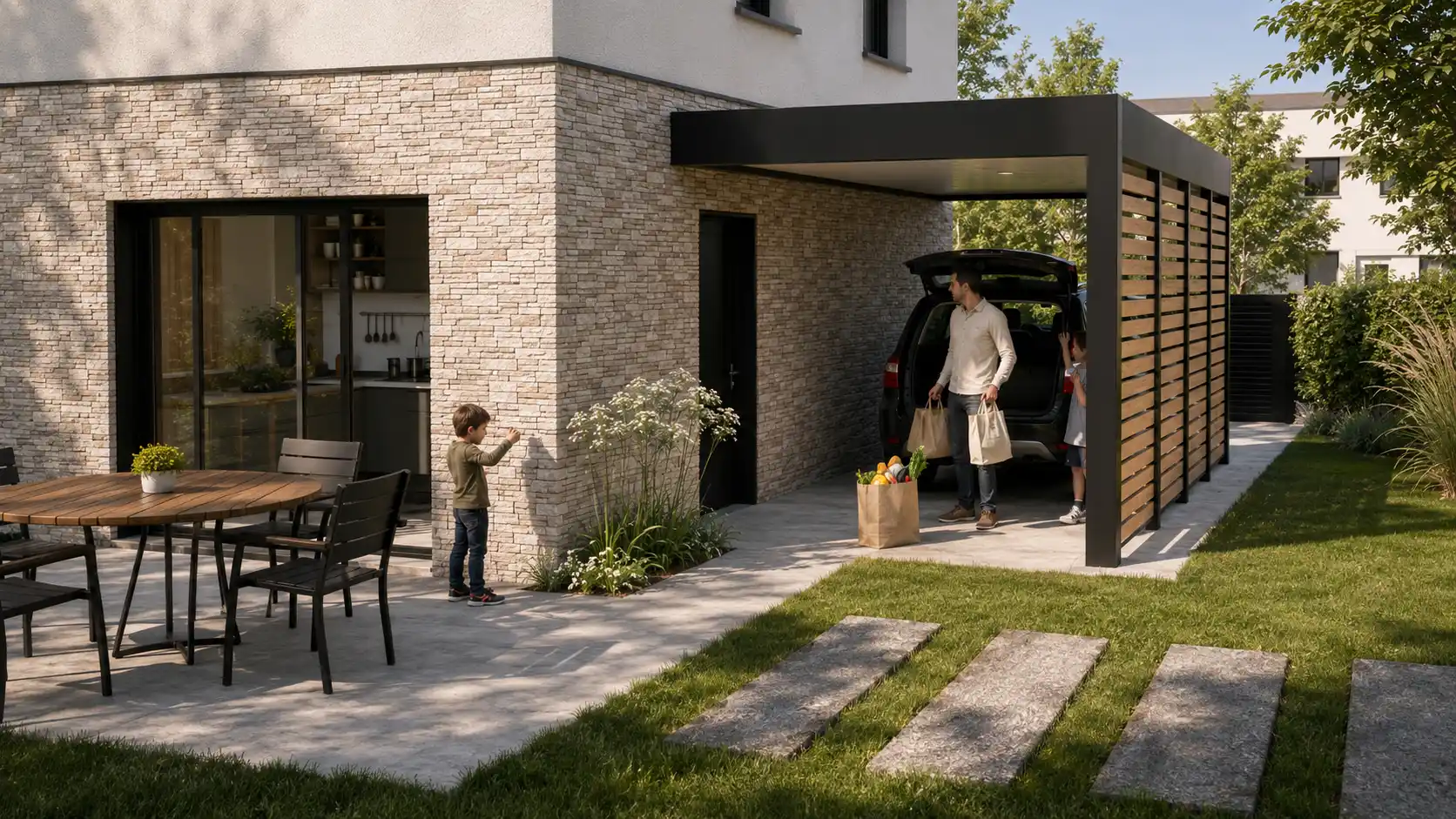 Carport - projet d'architecte, perspective 3D extérieure