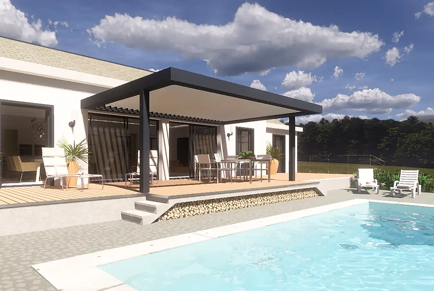 Pergola, terrasse et piscine, perspective 3D extérieure