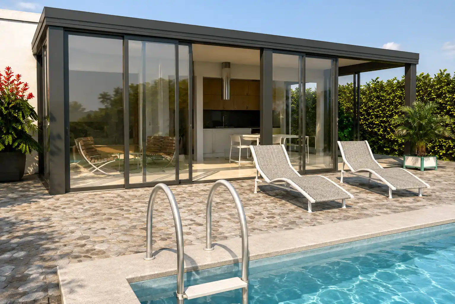 Véranda et piscine - Vendée, perspective 3D extérieure