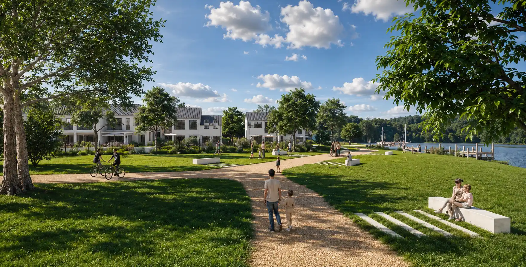 Simulation de parc paysager, perspective 3D extérieure