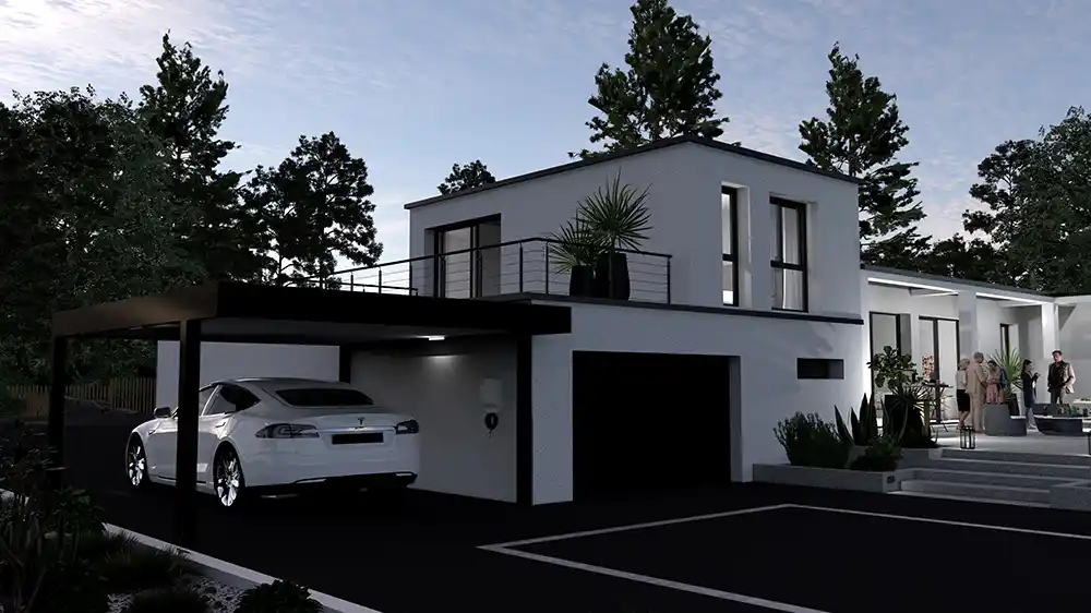 Carport et borne de recharge - vue de nuit, perspective 3D extérieure