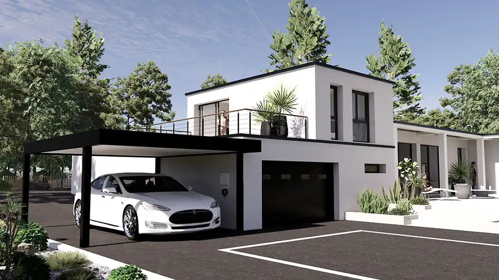 Carport et borne de recharge électrique, perspective 3D extérieure