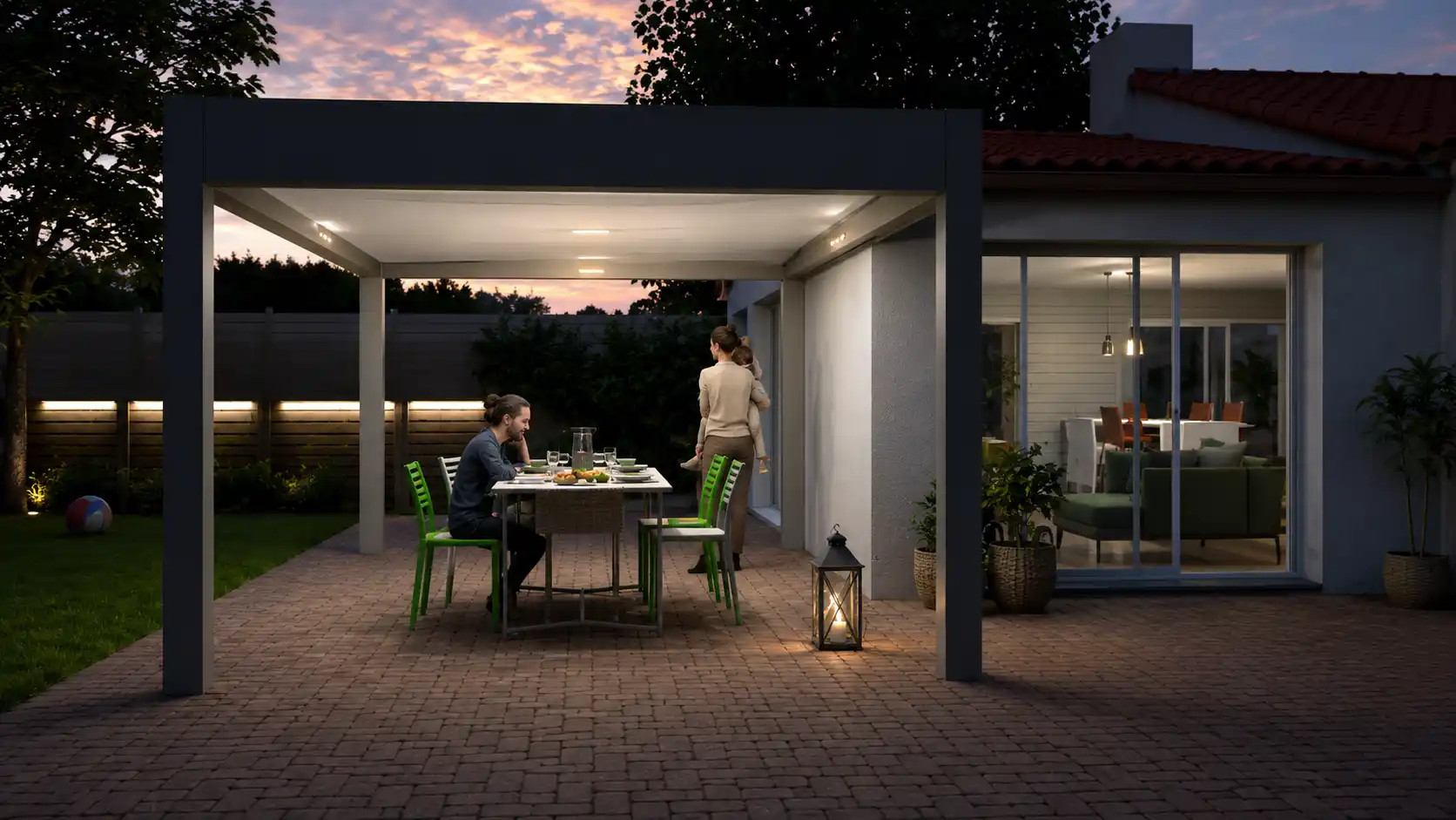 Pergola - maison de lotissement, vue de nuit, perspective 3D extérieure