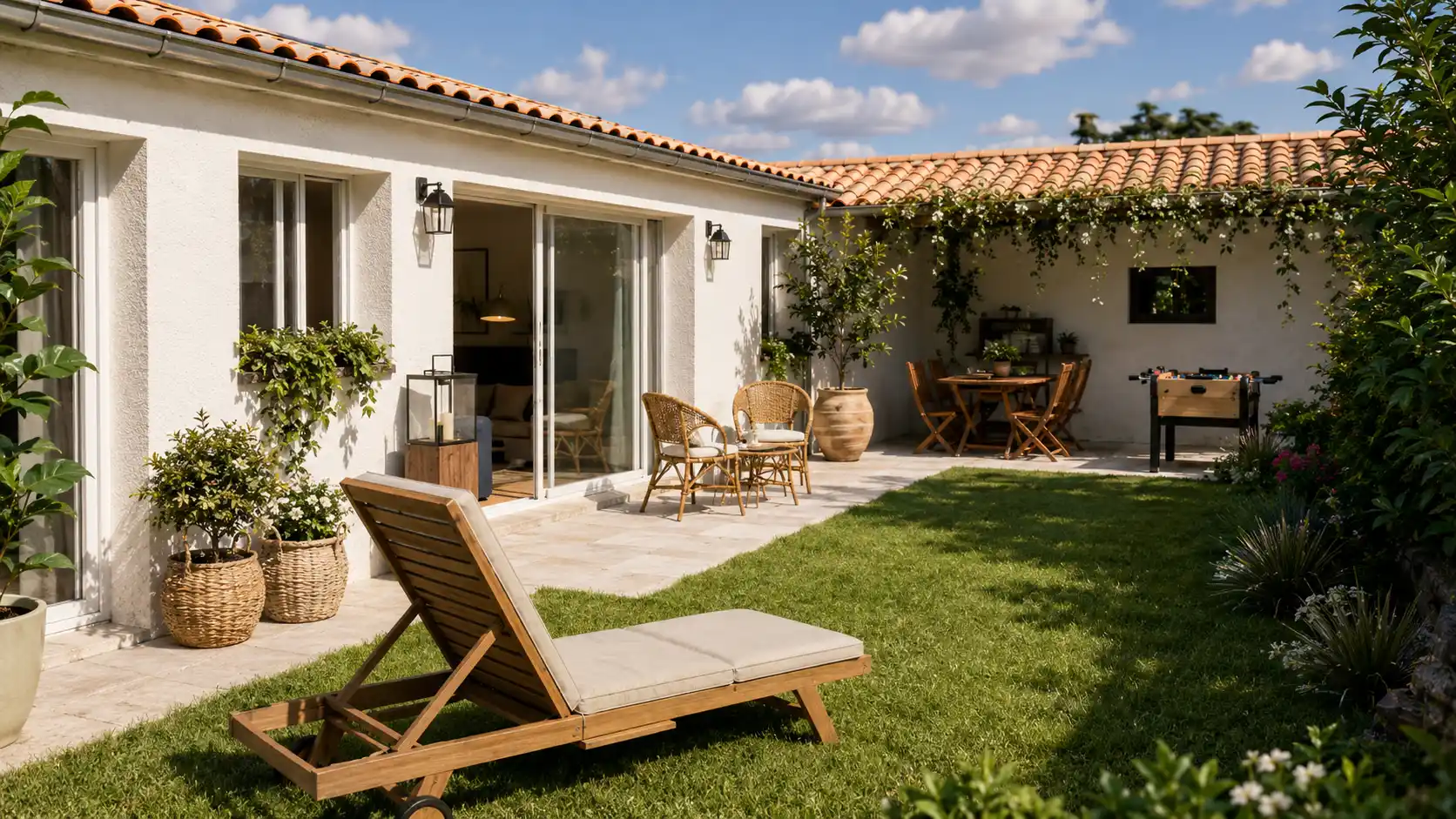 Jardin - maison à construire, Les Sables-d'Olonne, perspective 3D extérieure