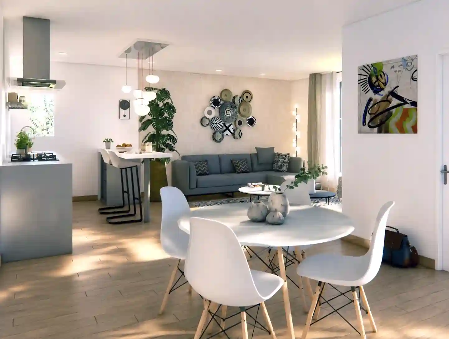 Cuisine ouverte - style scandinave, architecture intérieure 3D