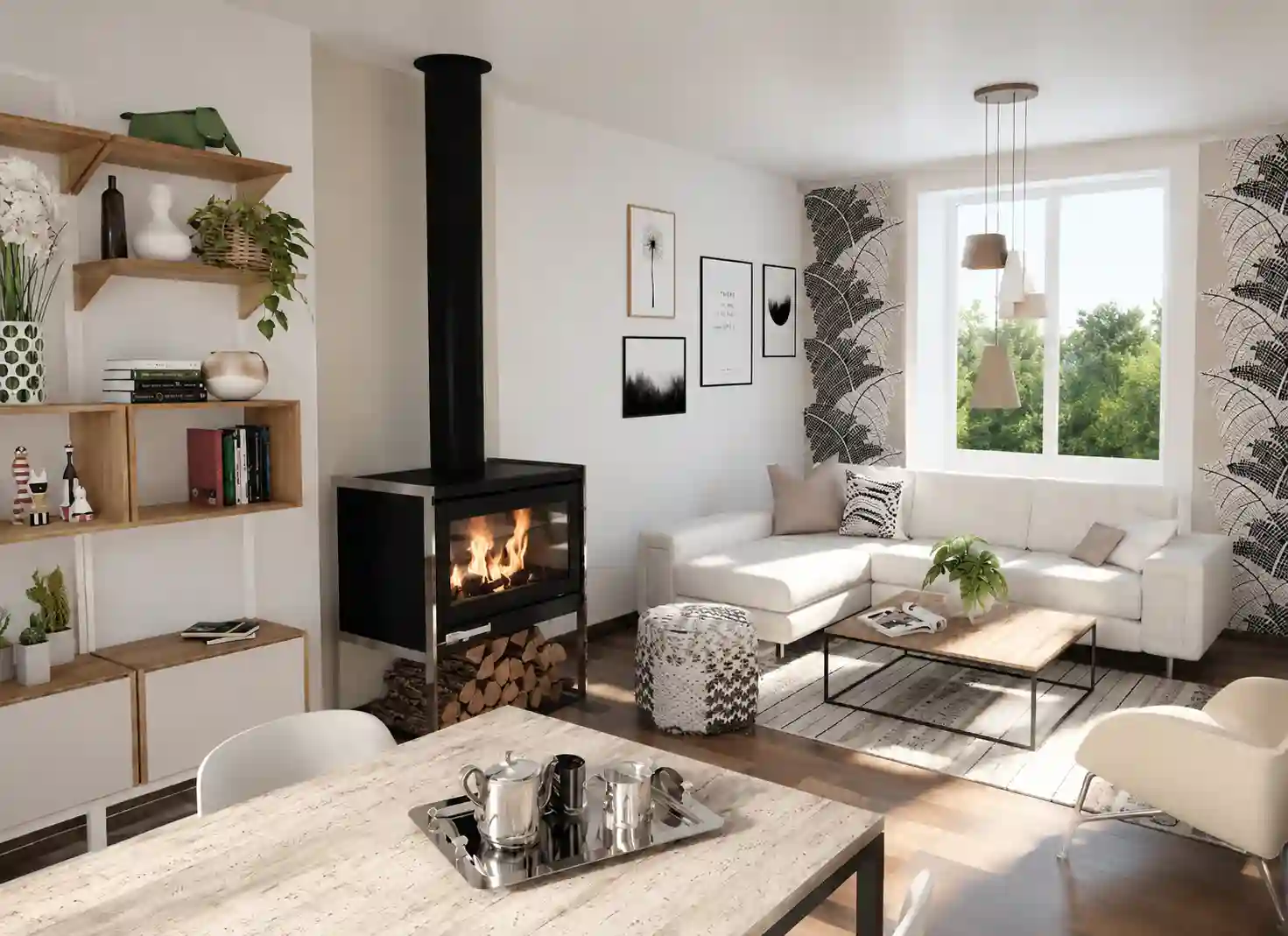 Aménagement pièce de vie - maison bord de mer, architecture intérieure 3D