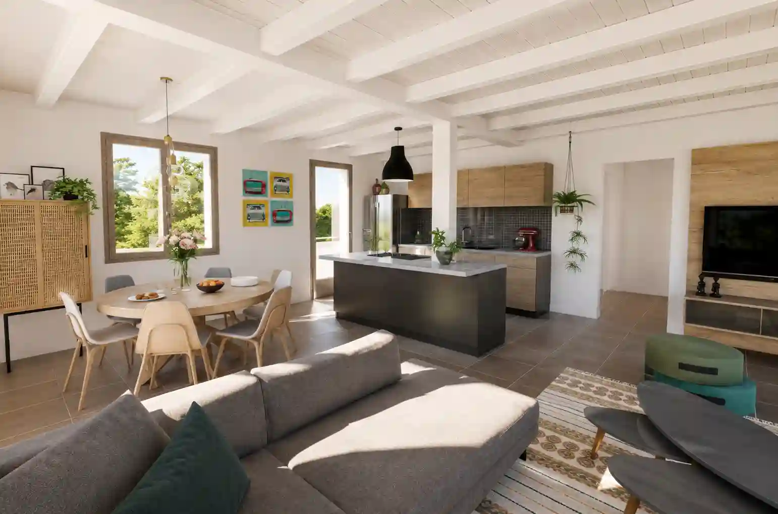 Aménagement pièce de vie - après, architecture intérieure 3D