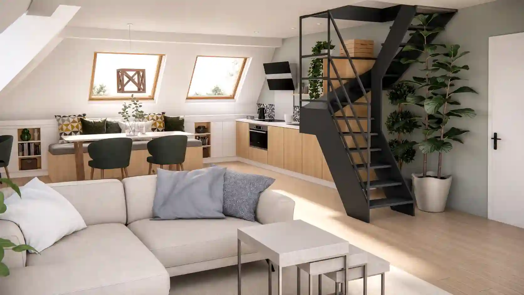 Séjour sous combles - escalier, Velux, architecture intérieure 3D