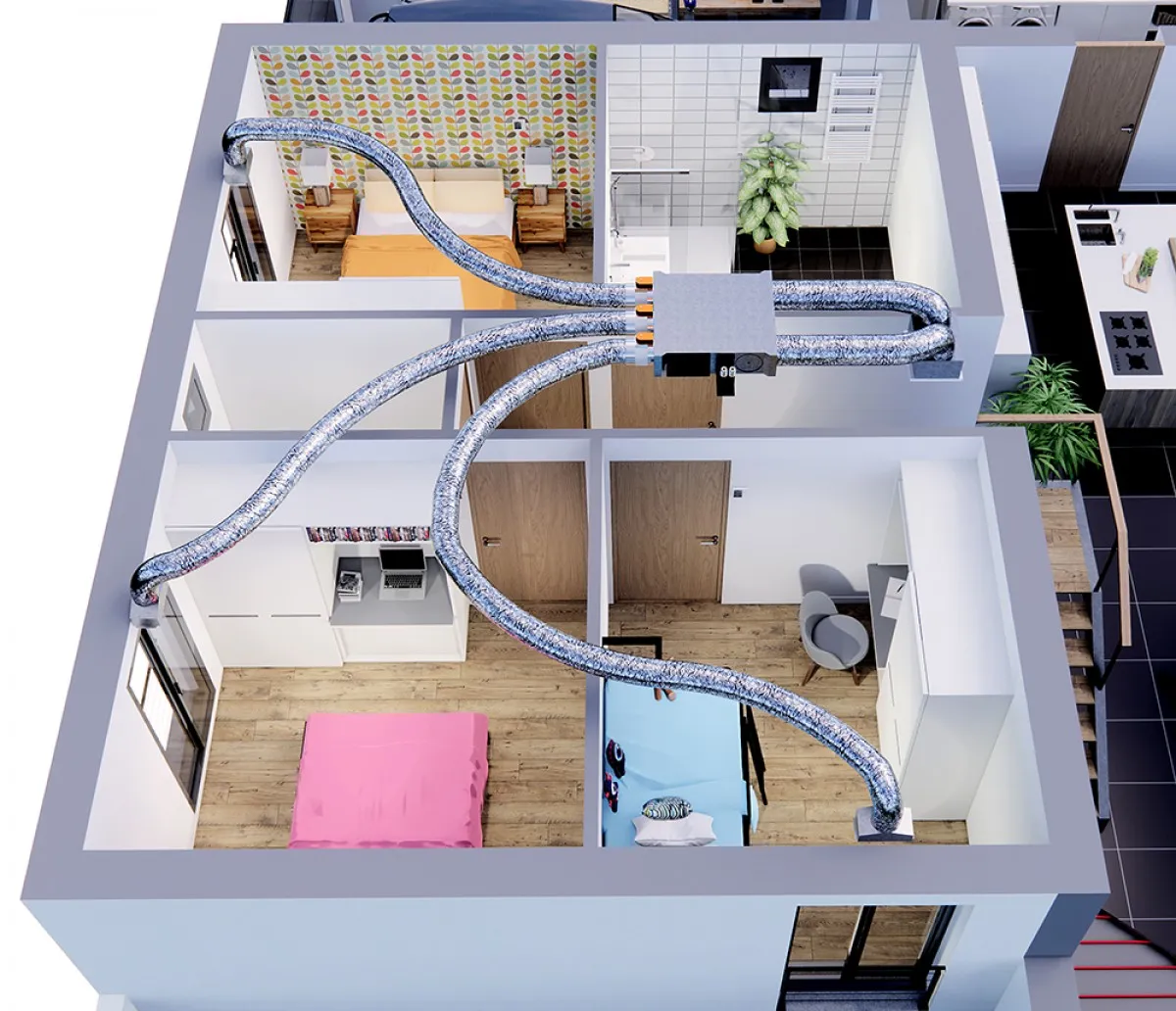 Chauffage des chambres - pompe à chaleur, dessin technique 3D