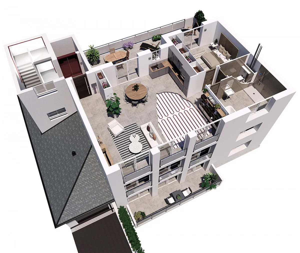 Plan 3D - gaines et chauffage, logement collectif, dessin technique 3D