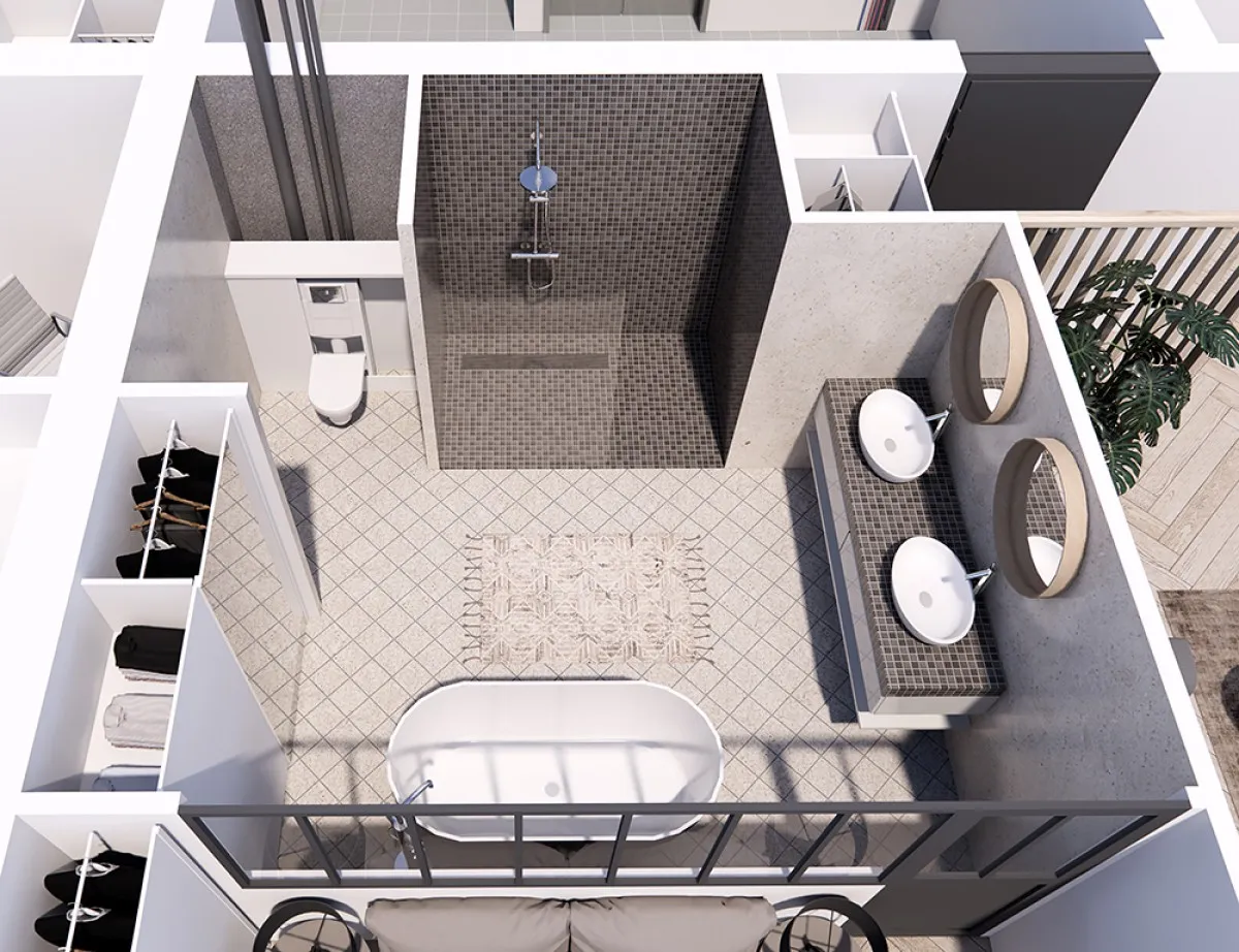 Plan 3D - salle de bain, gaines et chauffage, dessin technique 3D