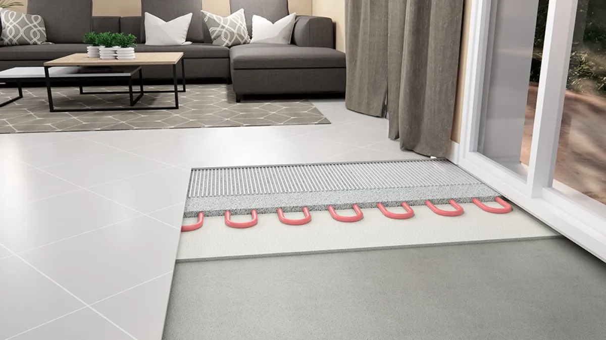 Pose de carrelage sur plancher chauffant, dessin technique 3D