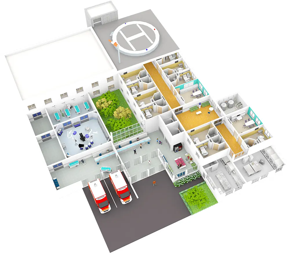 Dessin et rendu 3D d’un centre hospitalier