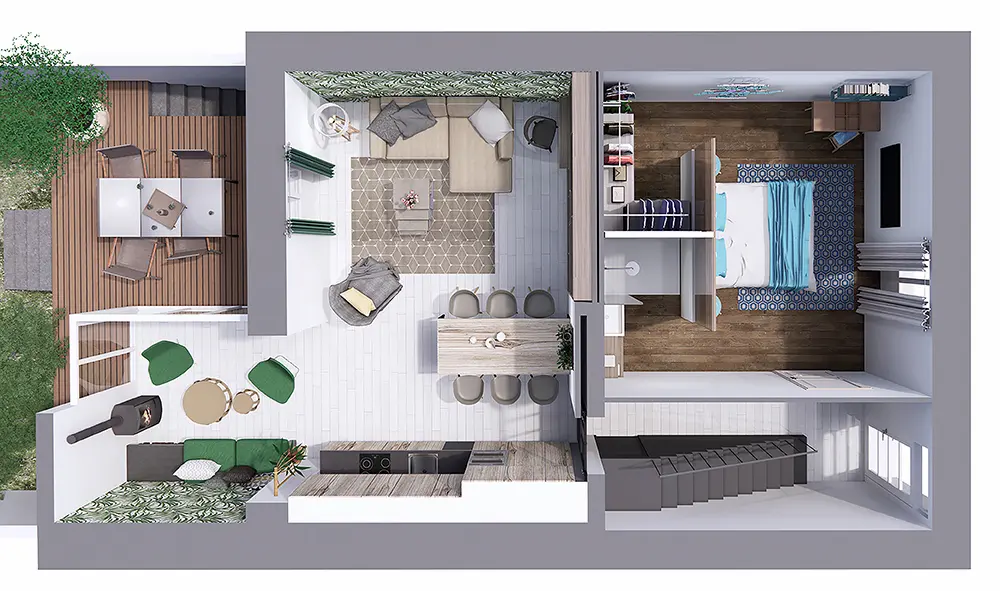 Projet de rénovation d’une maison de ville ancienne, plan 3D pièce de vie et chambre parentale